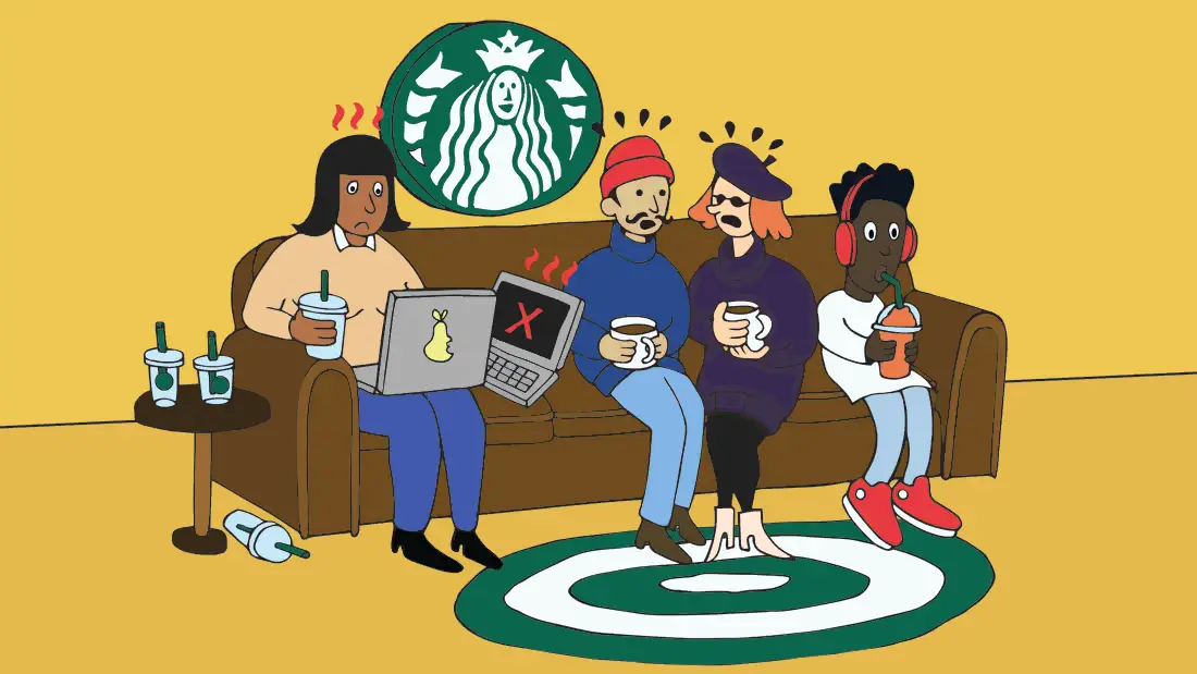 starbucks animation of people sitting on a couch drinking starbucks coffees