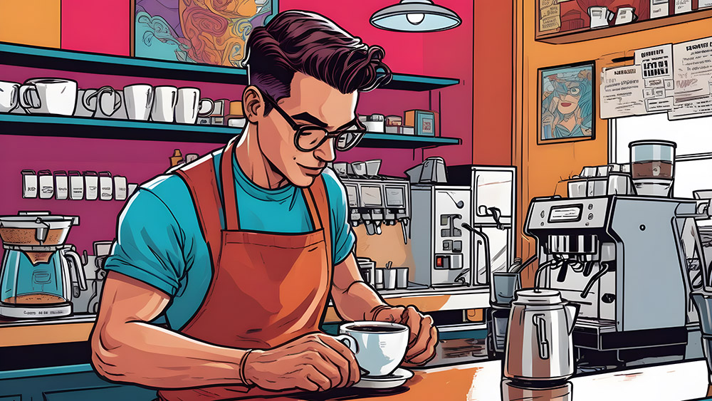 Martakis barista illustration on a coffeeshop making latte art