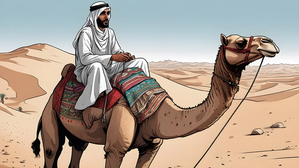 Baba Budan smugling coffee beans on a camel in the desert illustration