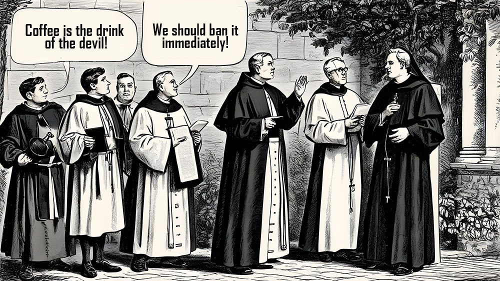 illustration of christian clerics vatican 1600 talking about banning coffee