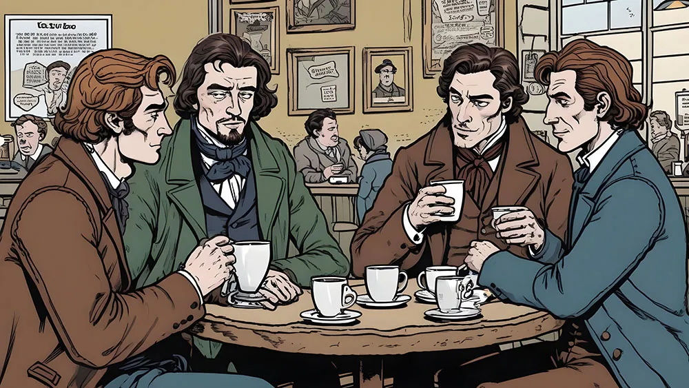 british men talking and drinking coffee at penny universities history of coffee illustration Martakis