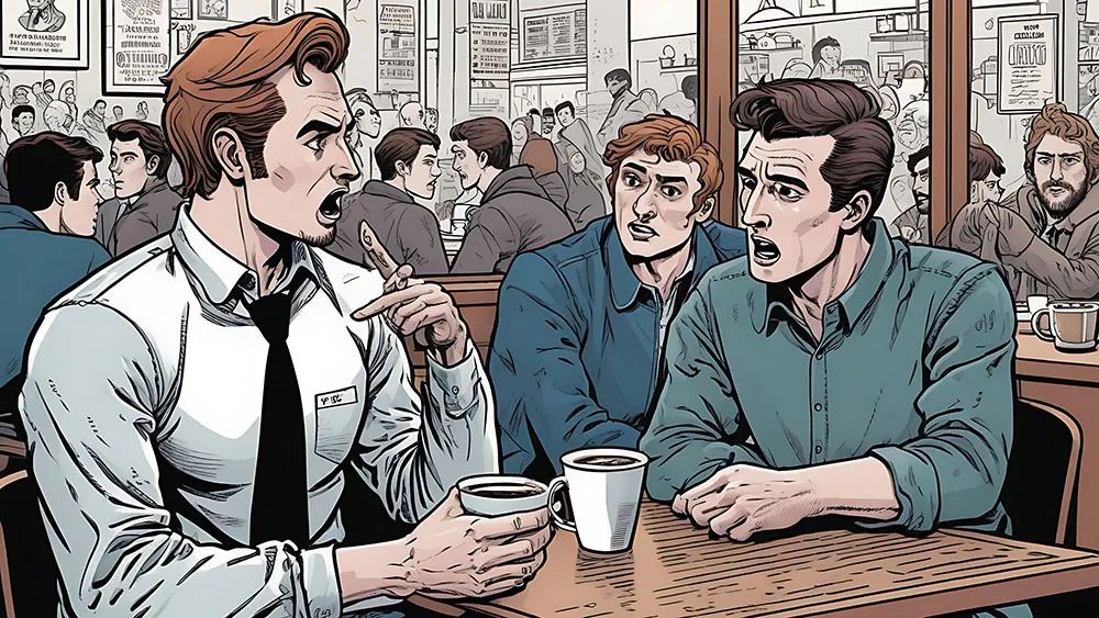 penny univerities young men drinking coffee arguing illustration by Martakis