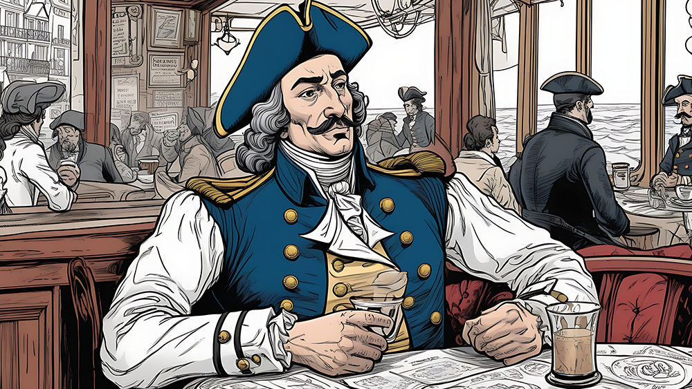 An illustration of DE CLIEU colored on his ship transfering coffee to the Caribbean