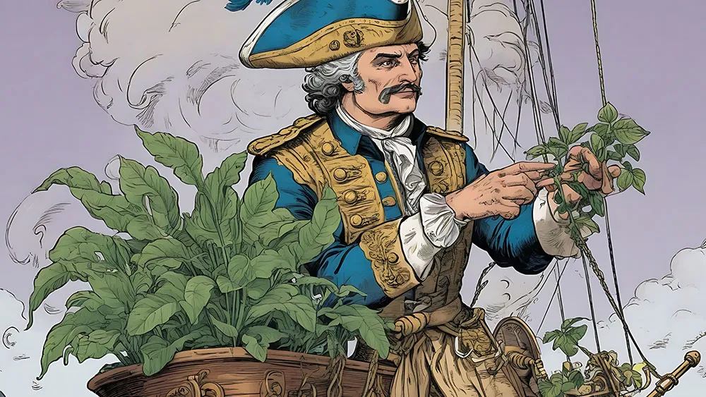 De Clieu taking care of his coffee plant on the journey to the Caribean illustration