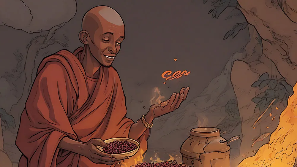 ethiopian monk roasts coffee beries in the myth of kaldi