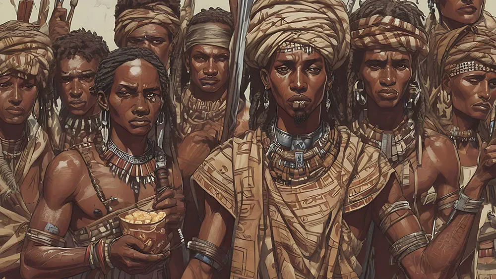 history of coffee illustration, the Galla tribe with coffee bars and warriors