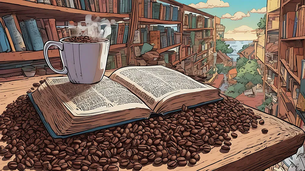 κουπα καφε πανω σε βιβλιο ιστοριας, μαζι με κοκκους καφε εικονογραφιση