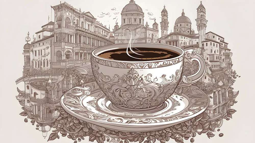 illustration of a coffee cup in historic Venetia 1570