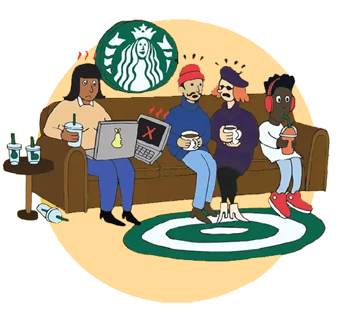 History of coffee second wave starbucks illustration people on couch drinking coffee