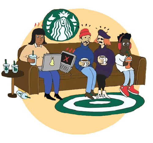 History of coffee second wave starbucks illustration people on couch drinking coffee