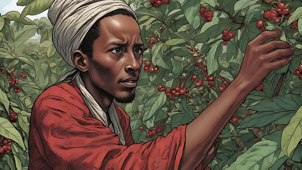 illustration kaldi inspects coffee berries from a tree