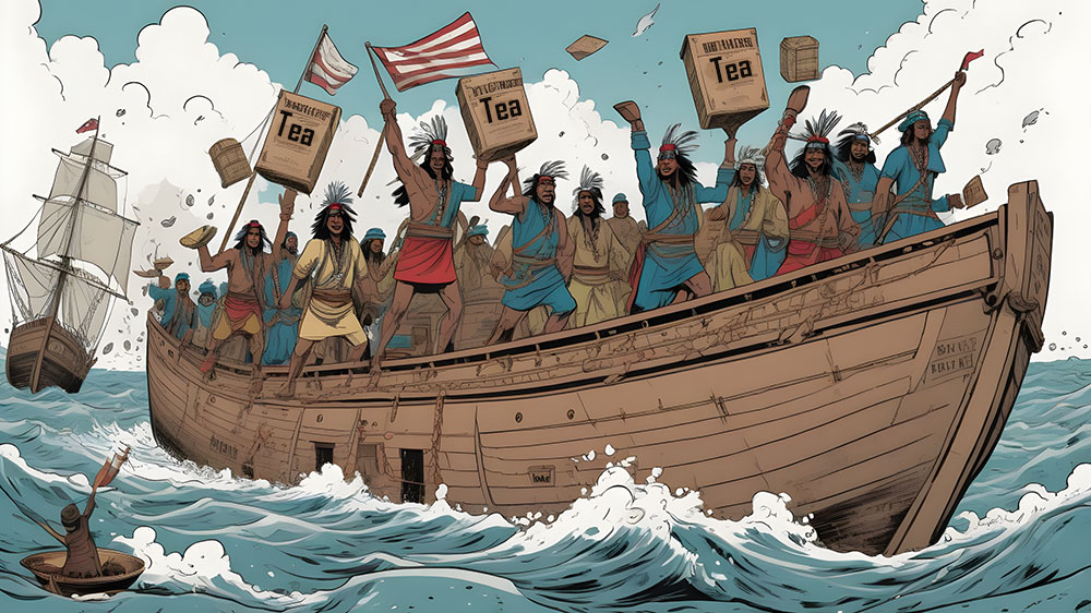 Boston Tea party illustration of Americans dressed as Indians throwing tea to the sea