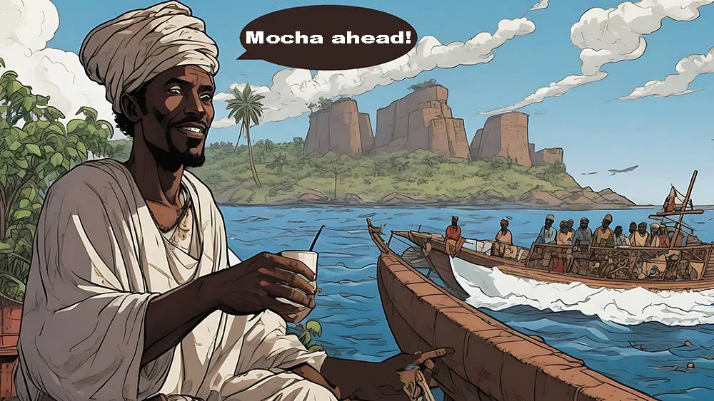 history of coffee  illustration black ethiopian man going to mocha on a boat caring coffee beans