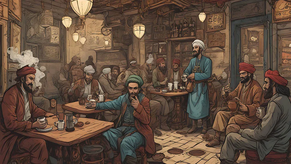 ottoman men at coffeeshop drinking turkish coffee illustration