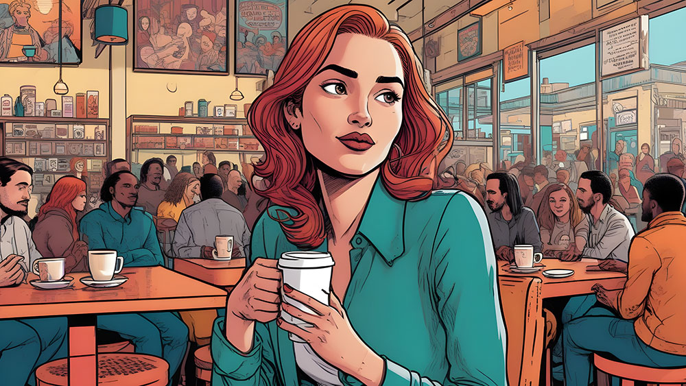 woman on a coffeeshop drinking coffee skeptical illustration