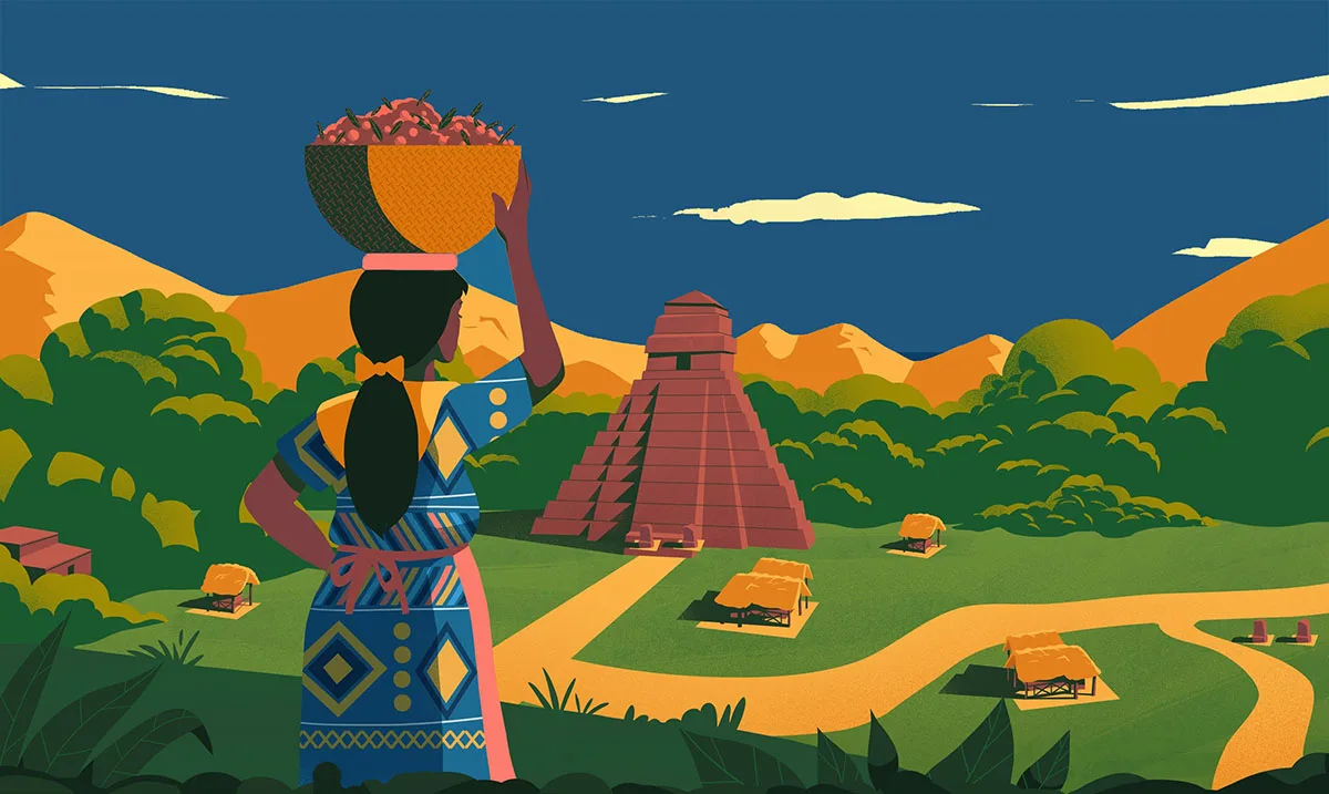 Coffee farmer at a coffee forest holding coffee beans illustration