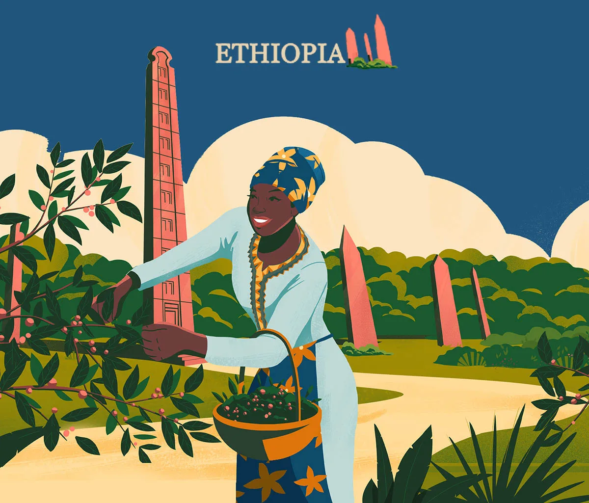 Coffee farmer, harvesting coffee illustration