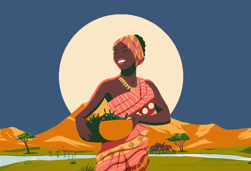 Female coffee farmer holding a basket with coffee fruits illustration